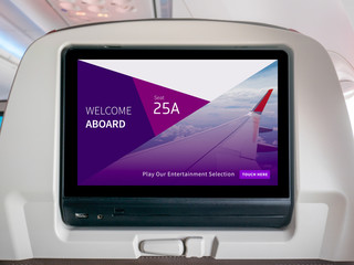 in-flight entertainment screen, inflight screen, seatback screen in airplane