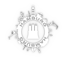 Canvas Print - Template with sea shipping and travel relative silhouettes. Hamburg city name text and element from coat of arms