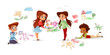 © vectorpouch - Children drawing with pencils vector illustration of cartoon kids isolated characters in kindergarten. Flat design boys and girls with color chalk felt-tip pens draw paint pictures on walls and floor