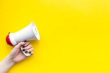Megaphone Make An Announcement On Yellow Background Top View Copy Space