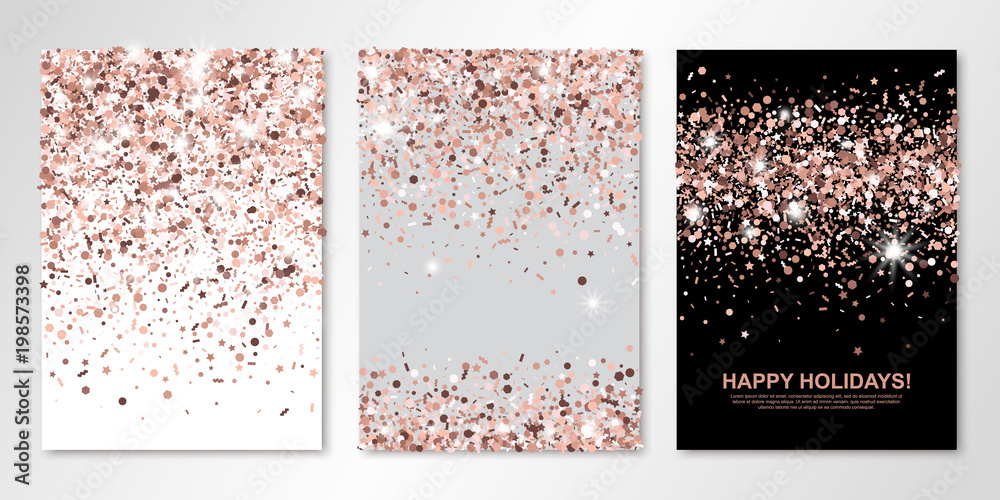 Banners set of three sheets with rose gold confetti. Vector flyer design templates for wedding, invitation cards, save the date, business brochure design, certificates. All layered and isolated - obrazy, fototapety, plakaty 