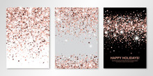 Banners Set Of Three Sheets With Rose Gold Confetti. Vector Flyer Design Templates For Wedding, Invitation Cards, Save The Date, Business Brochure Design, Certificates. All Layered And Isolated