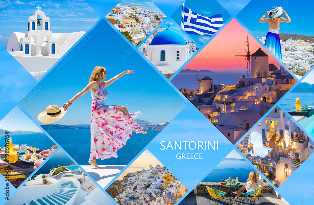 Santorini postcard, collage of beautiful photos from famous Greek island - obrazy, fototapety, plakaty 