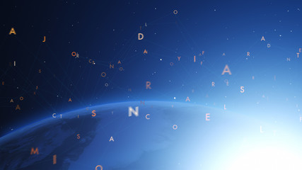 Wall Mural - Shiny blue earth covered with 3d lines and letters around. Technology and global network concept.