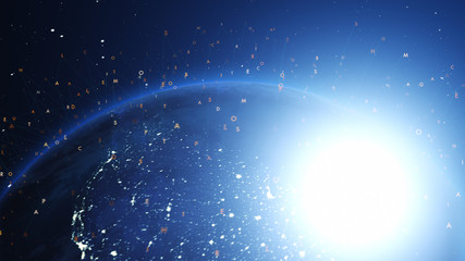 Wall Mural - shiny blue earth covered with 3d lines and letters around. technology and global network concept.