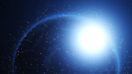 Wall Mural - shiny blue earth covered with 3d lines and letters around. technology and global network concept.