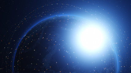 Wall Mural - Shiny blue earth covered with 3d lines and letters around. Technology and global network concept.