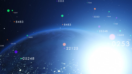 Wall Mural - blue earth covered with 3d lines and numbers around. technology and global network concept.