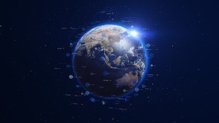 Wall Mural - shiny blue earth covered with lines and numbers around. technology and global network concept.