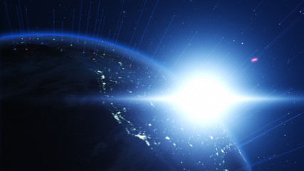 Wall Mural - Shiny blue earth with colorful 3d lines around. Technology and global network concept.