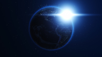 Wall Mural - shiny blue earth with colorful 3d lines around. technology and global network concept.