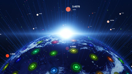 Wall Mural - Shiny blue earth with 3d lines and colorful circles around. Technology and global network concept.