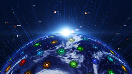 Wall Mural - Shiny blue earth with 3d lines and colorful circles around. Technology and global network concept.