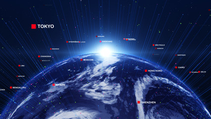 Wall Mural - Digital earth with city names around. Technology and global network concept.