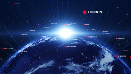 Wall Mural - Digital earth with city names around. Technology and global network concept.