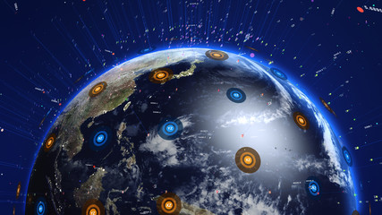 Wall Mural - shiny blue earth with 3d lines and colorful circles around. technology and global network concept.