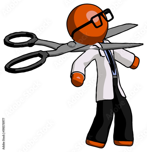 Fotografia, Obraz Orange Doctor Scientist Man scissor beheading office worker execution