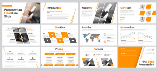 Poster - set of business slides for presentation with diagonal and transparent design elements and a place for photos.