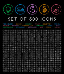 Poster - 500 Universal Thin Line White Icons on Circular Buttons on Black Background