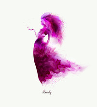 Purple Decorative Composition With Girl On The White Background. Magenta Particles Formed Abstract Woman Figure.