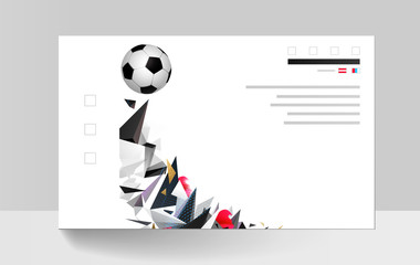 Leinwandbilder - White and black soccer football with geometric abstract sport background. Modern polygonal triangles and colored shapes for creative banner template.