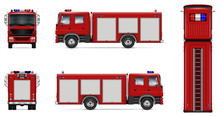 Fire Truck Vector Mock-up. Isolated Template Of Red Lorry On White. Vehicle Branding Mockup. Side, Front, Back, Top View. All Elements In The Groups On Separate Layers. Easy To Edit And Recolor. 
