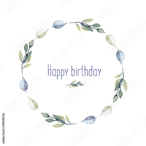 Watercolor Blue And Grey Leaves And Branches Wreath Greeting Card Template Hand Painted On A White Background Happy Birthday Card Design Adobe Stock でこのストックイラストを購入して 類似のイラストをさらに検索 Adobe Stock