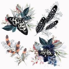 Poster - Collection of floral compositions with butterflies, flowers and feathers