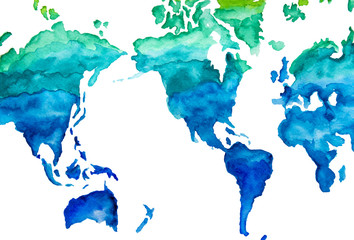 watercolor map of the world. green and blue illustration.