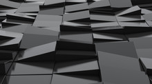 Abstract of architecture space with random rhythm of black tilt block and light and shadow of the sun,3D render