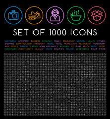 Poster - Set of 1000 Isolated Minimal Modern Simple Elegant White Stroke Icons on Circular Buttons on Black Background