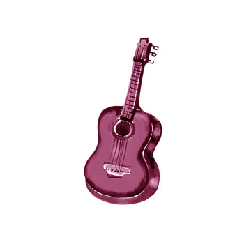 Acoustic guitar watercolor illustration on white background. Maroon, burgundy, claret, vinous, purple