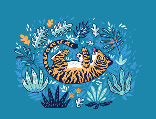 Wall Mural - Tiger playing with leaf in tropical garden isolated on yellow background. Vector illustration