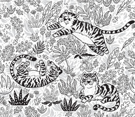 Wall Mural - Tropical seamless pattern with funny tigers in cartoon style in outline. Vector illustration