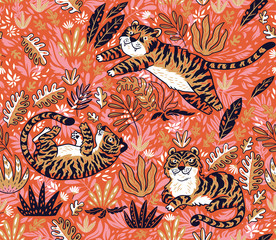 Wall Mural - Tropical seamless pattern with funny tigers in cartoon style. Vector illustration