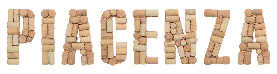 Italian province Piacenza made of wine corks Isolated on white background