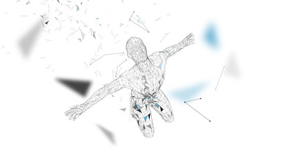 Poster - Conceptual abstract man. Connected lines, dots, triangles, particles on white background. Artificial intelligence concept. High technology vector, digital background. 3D render vector illustration.