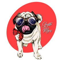 Portrait Of Hipster Pug Wearing A Glasses And Tie Bow. Vector Engraved Detailed Dog Illustration. Hand Drawn. Colored. Good For Clothing Print, Poster, Pet Shop Flyer, Party Banner. Be A Gentleman