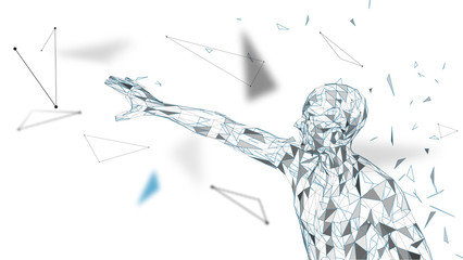 Poster - Conceptual abstract man touching or pointing to something. Connected lines, dots, triangles, particles. Artificial intelligence concept. High technology vector, digital background. 3D render vector