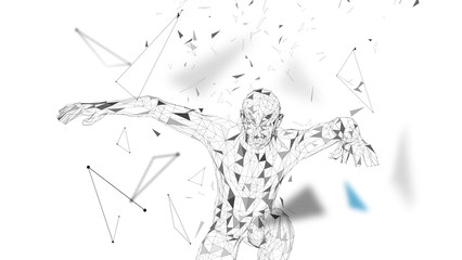Poster - Conceptual abstract man in a jump. Connected lines, dots, triangles, particles. Artificial intelligence concept. High technology vector, digital background. 3D render vector illustration.