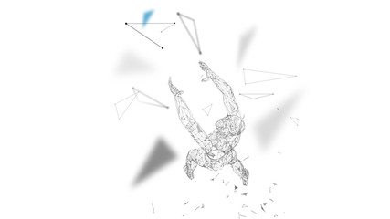 Poster - Conceptual abstract man with hands up. Connected lines, dots, triangles, particles. Artificial intelligence concept. High technology vector, digital background. 3D render vector illustration.