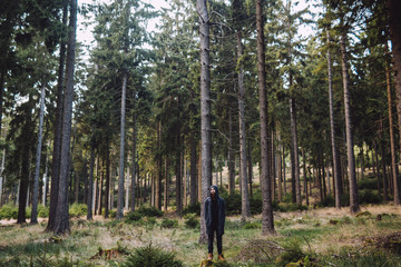 Man with beard stands in green forest with many tall trees