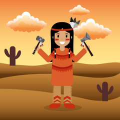 Sticker - female native american holding tomahawks in hands with desert landscape vector illustration