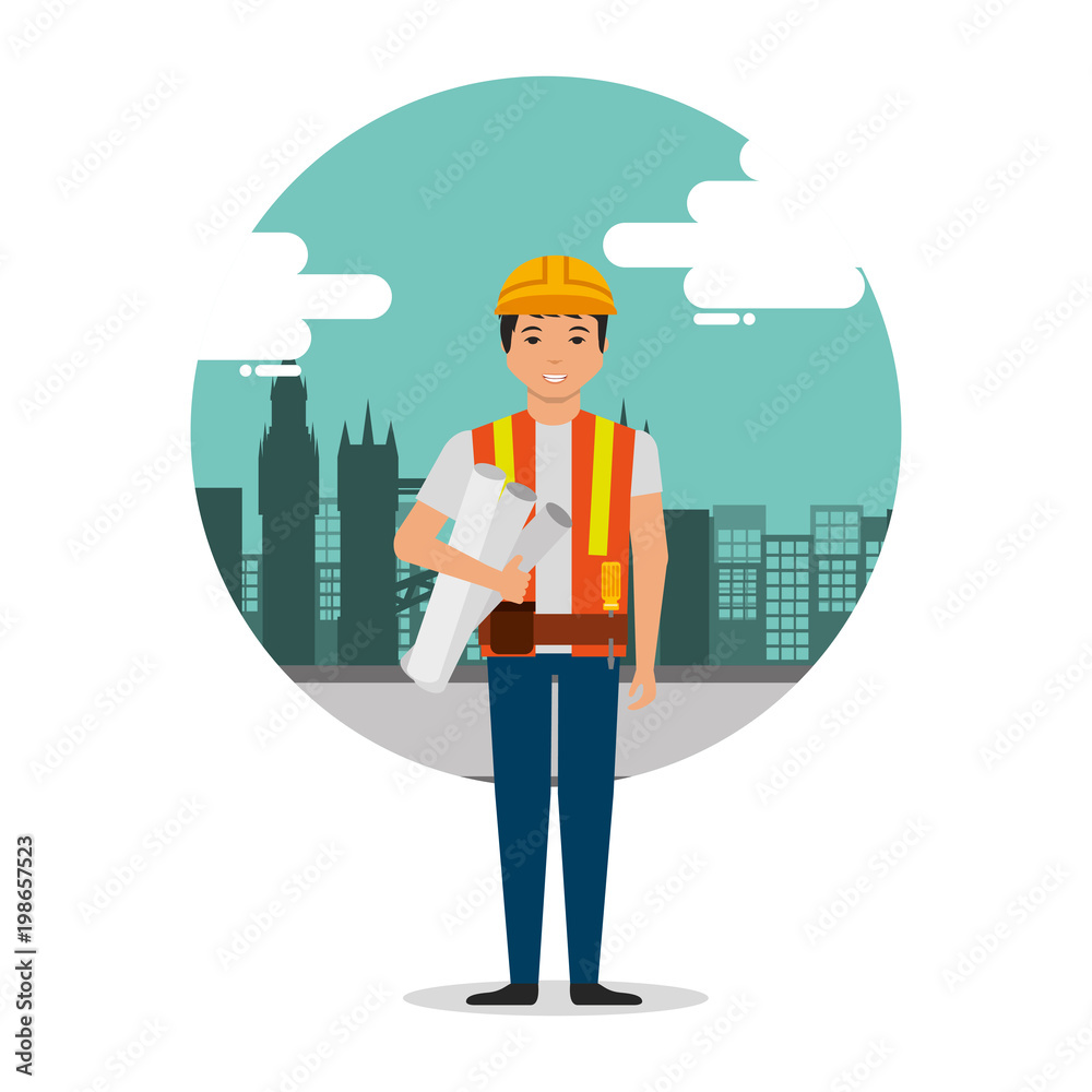 builder worker with blueprints on construction background with ...