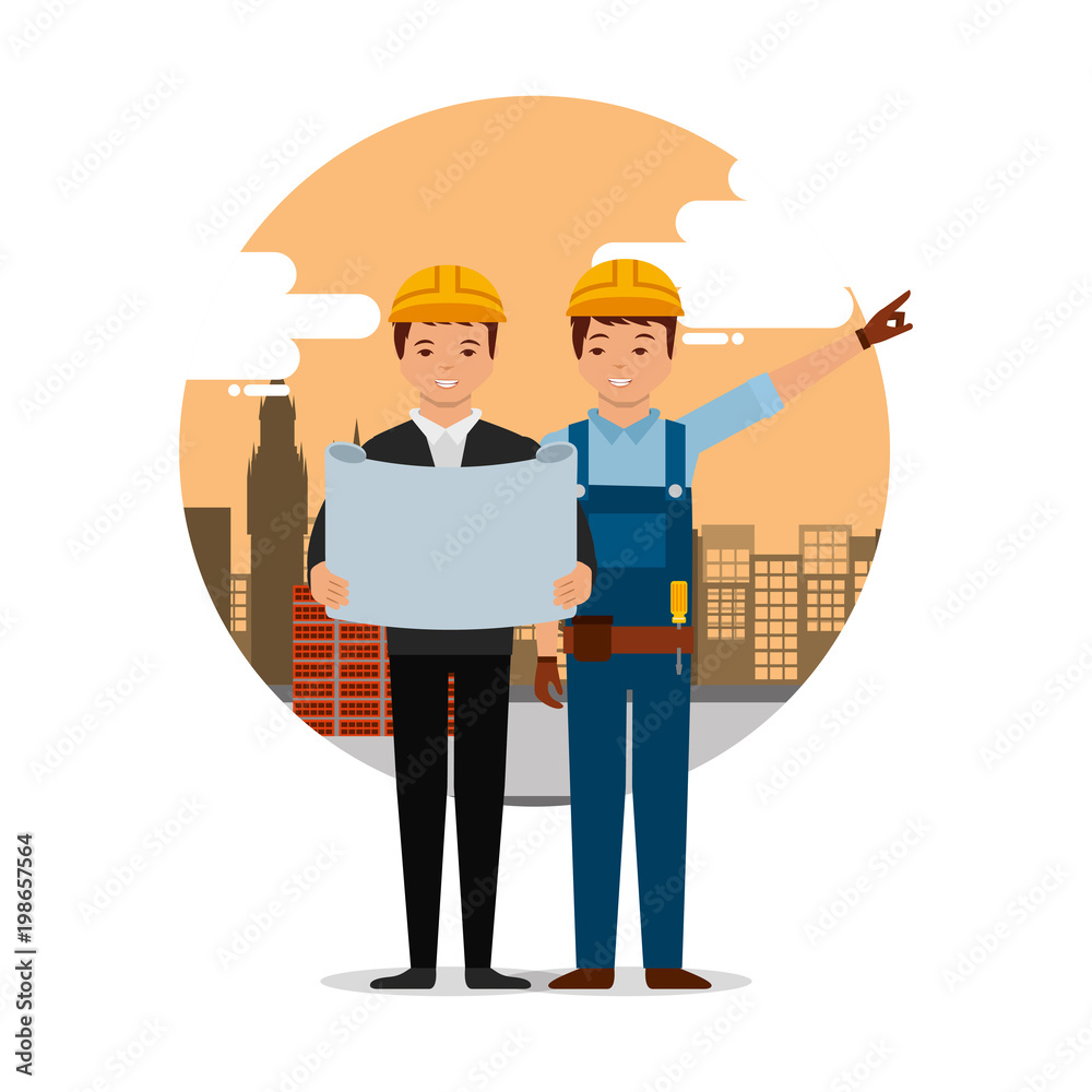architect and builder worker with plan on construction background with ...