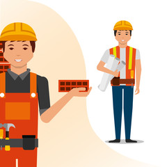 Sticker - construction people workers foreman blueprint and bricks vector illustration