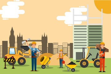 Wall Mural - construction people site with machinery tools building structure vector illustration