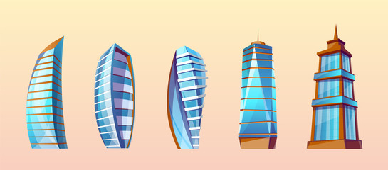 Wall Mural - vector set of modern buildings in cartoon style. urban skyscrapers, town exterior, residential const