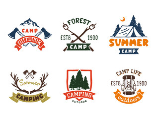 Wall Mural - set of vintage woods camp badges and travel logo hand drawn emblems nature mountain camp outdoor vec