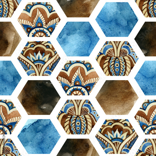 Obraz w ramie Watercolor hexagon with water color paper textures and paisley ornament.